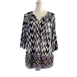 Lucky Brand 1X Womens Blue White Ikat Print‎ Tunic Top 3/4 Sleeve V Neck